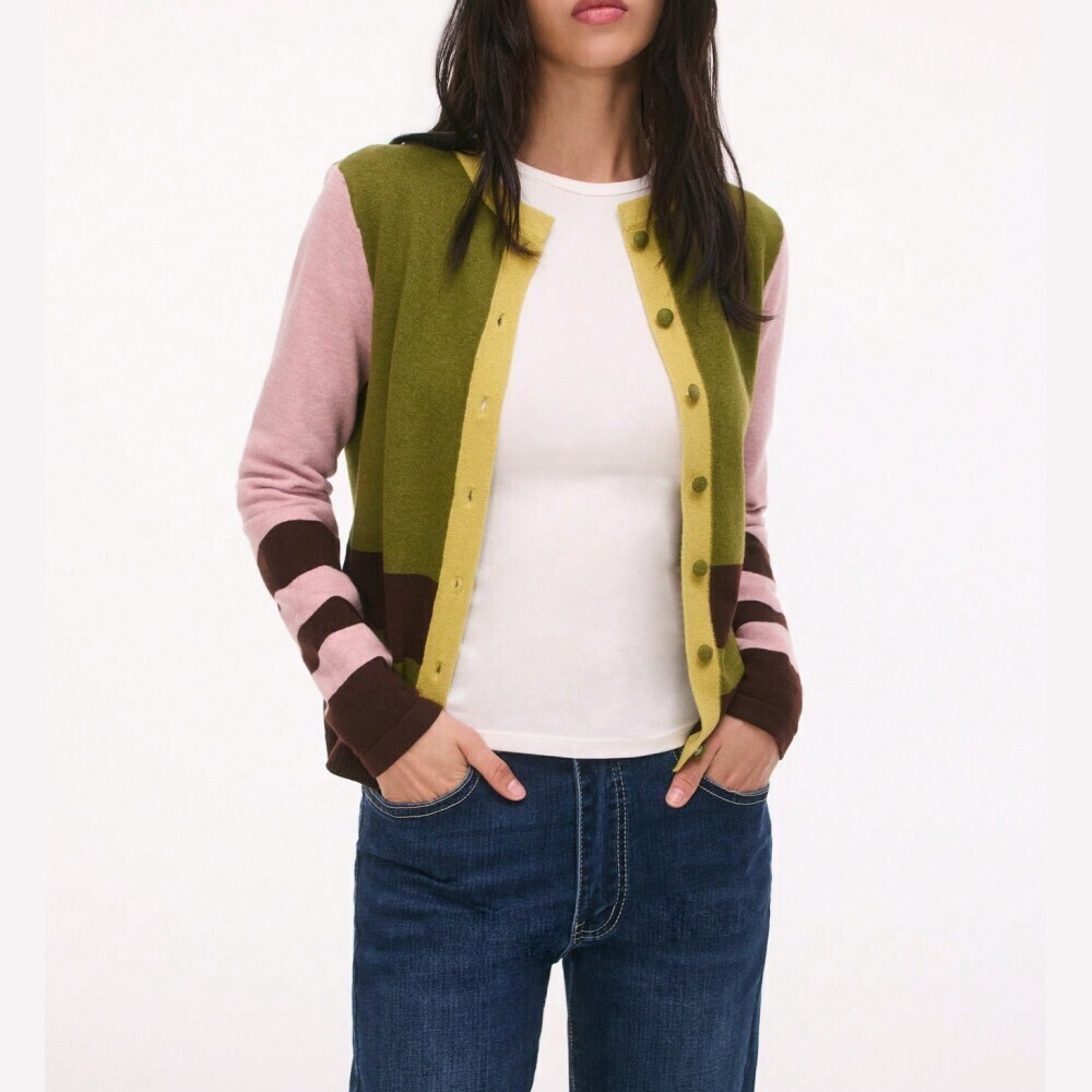 Olive Green Colorblock Collegiate Striped Cuff Button Front Knit Cardigan